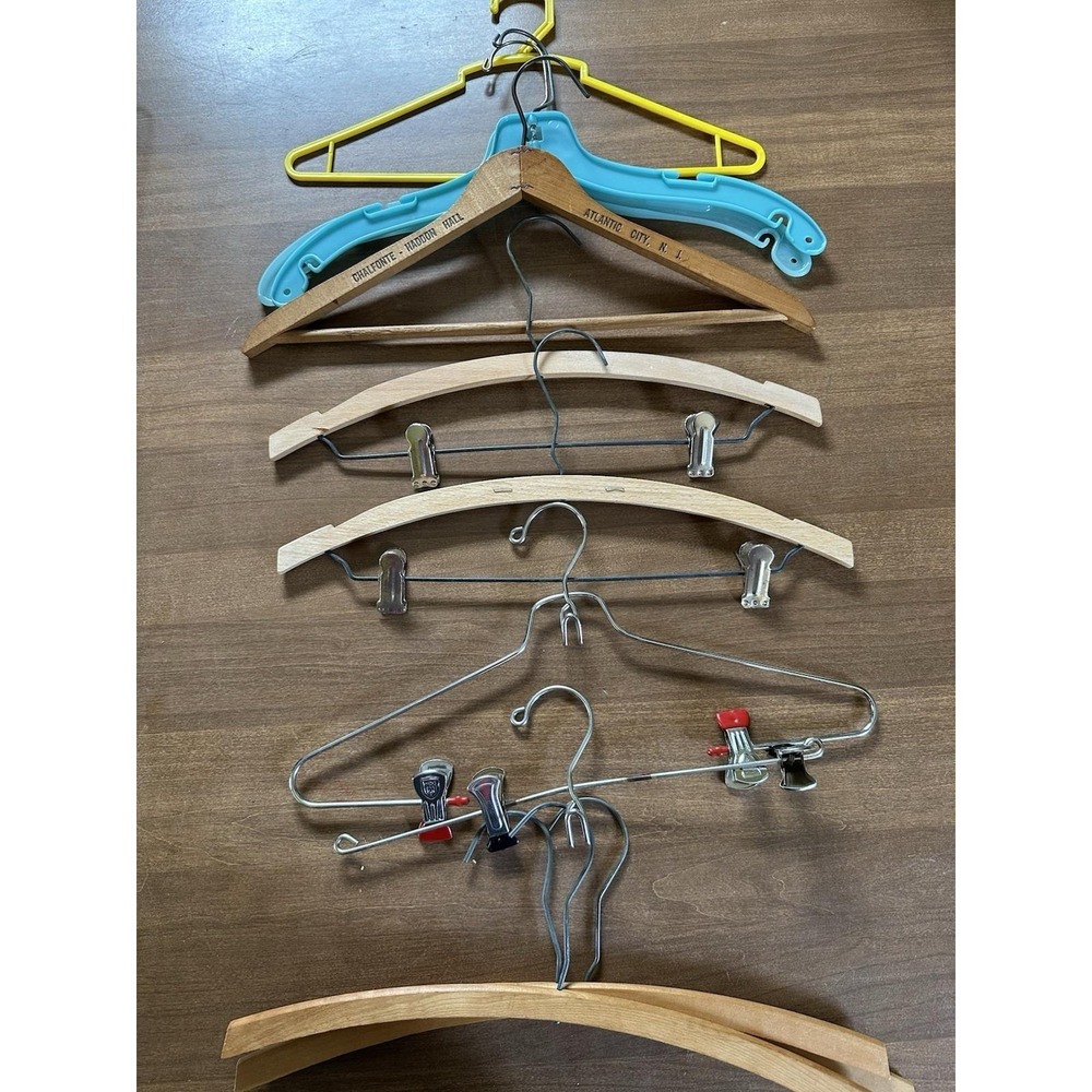 11 Vintage Wood and Metal Clothes Hangers with Metal Clips, & Plastics